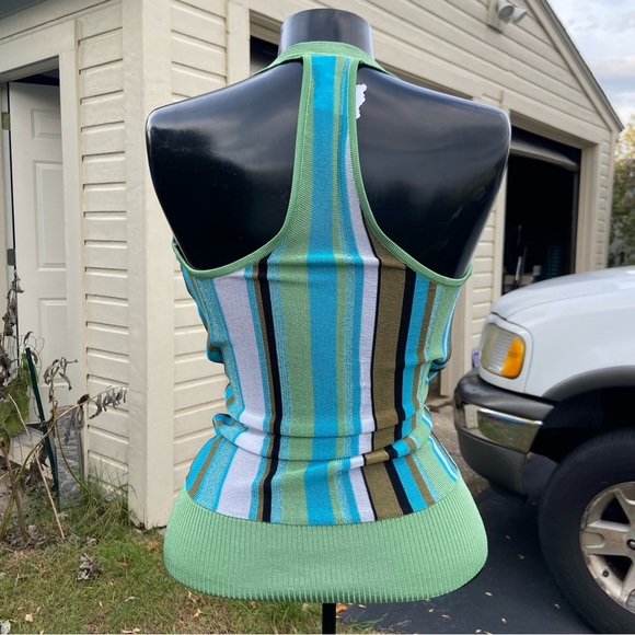 BEBE vintage halter cross front racerback striped stretchy top - Picture 2 of 6